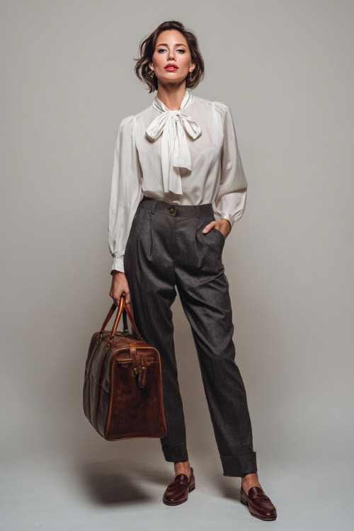 Elegant woman in a white blouse with a bow neck tie, dark gray trousers, and brown loafers, holding a leather satchel, posed in a minimalist studio 