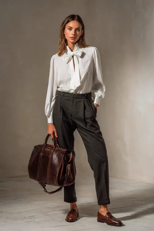 Elegant woman in a white blouse with a bow neck tie, dark gray trousers, and brown loafers, holding a leather satchel, posed in a minimalist studio