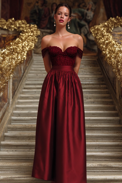 Elegant woman in a wine red off-the-shoulder gown with lace bodice and smooth satin skirt, wearing drop earrings, standing in front of a staircase with gold leaf garlands 