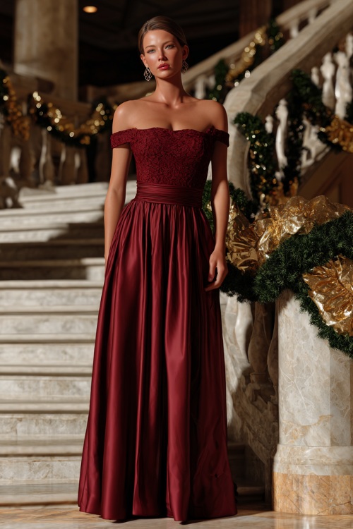 Elegant woman in a wine red off-the-shoulder gown with lace bodice and smooth satin skirt, wearing drop earrings, standing in front of a staircase with gold leaf garlands 