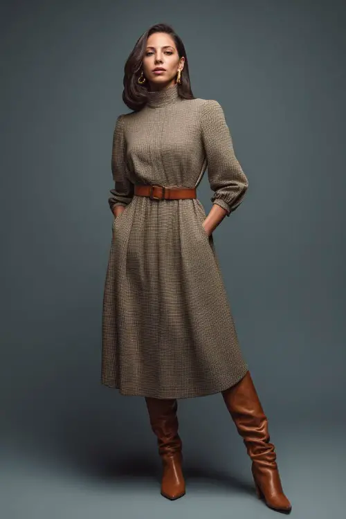 Elegant woman in a wool A-line midi dress with a cinched waist, tan leather boots, and gold hoop earrings, posed gracefully in studio 