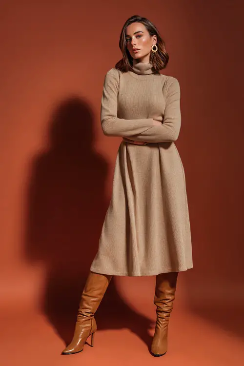 Elegant woman in a wool A-line midi dress with a cinched waist, tan leather boots, and gold hoop earrings, posed gracefully in studio 