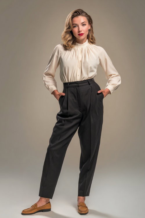 Elegant woman in classic straight black trousers, ivory high-neck blouse with soft pleats, and tan loafers, standing confidently in studio