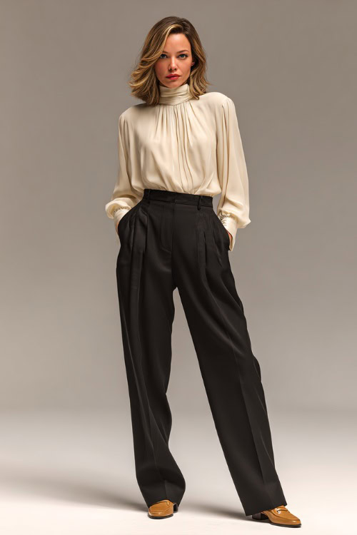 Elegant woman in classic straight black trousers, ivory high-neck blouse with soft pleats, and tan loafers