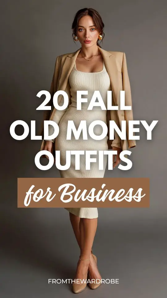 Elegant woman in fall old money outfit for business with a cream knit midi dress with long sleeves, layered with a camel blazer, low block heels