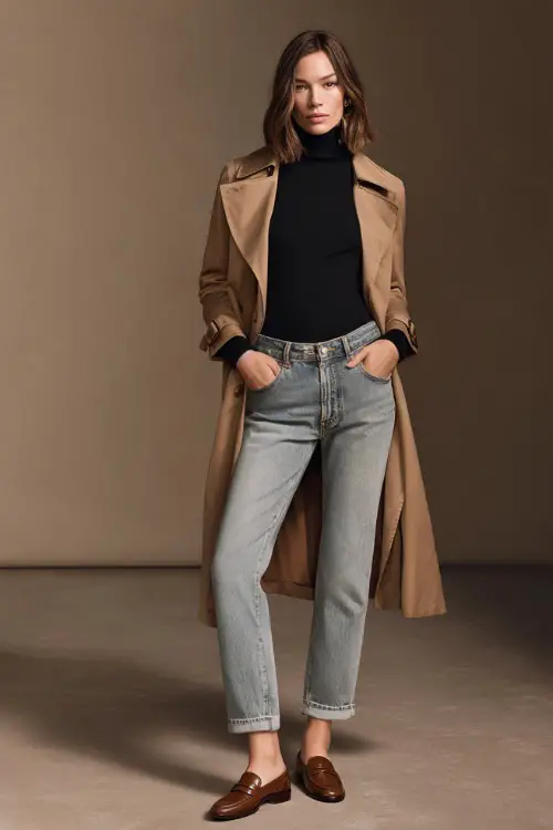 Elegant woman in light-wash straight jeans with a fitted black turtleneck and tan trench coat, brown loafers and structured purse, posed full-body in studio 