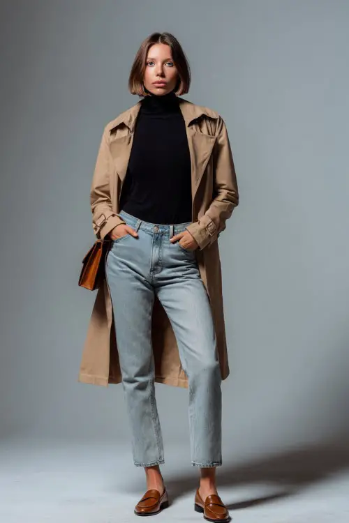 Elegant woman in light-wash straight jeans with a fitted black turtleneck and tan trench coat, brown loafers and structured purse, posed full-body in studio