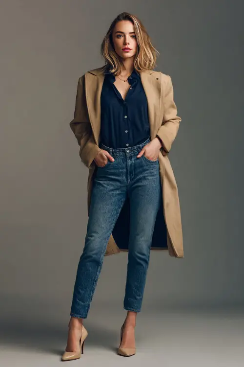 Elegant woman in medium-wash straight-leg jeans with a tucked-in navy blouse and camel wrap coat, standing full-body in a minimalist studio 