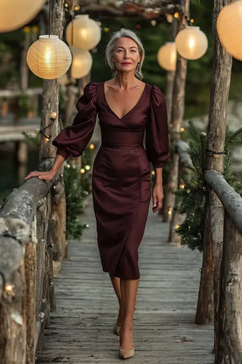 Elegant woman over 50 in a deep wine-colored dress with bishop sleeves and tea-length hem, walking near a rustic wooden deck decorated with lanterns and garlands 