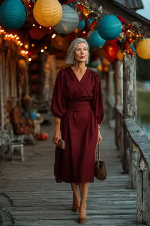Elegant woman over 50 in a deep wine-colored dress with bishop sleeves and tea-length hem, walking near a rustic wooden deck decorated with lanterns and garlands