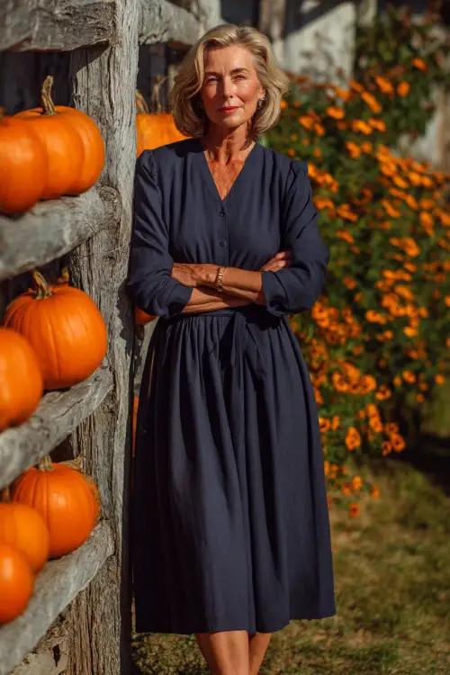 Elegant woman over 50 in a navy long-sleeve A-line dress with a cinched waist and scoop neckline, standing beside a wooden fence lined with pumpkins and marigolds 