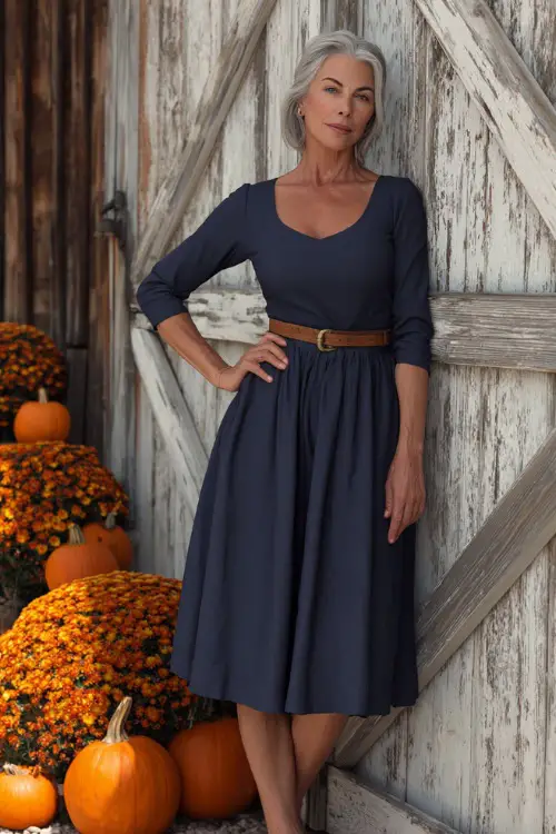 Elegant woman over 50 in a navy long-sleeve A-line dress with a cinched waist and scoop neckline, standing beside a wooden fence lined with pumpkins and marigolds