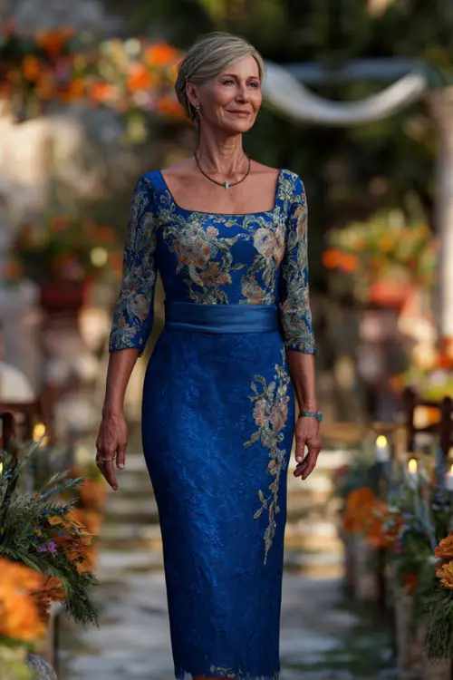 Elegant woman over 50 in a sapphire blue tea-length dress with floral embroidery and quarter sleeves, walking toward an outdoor altar lit by sunset 