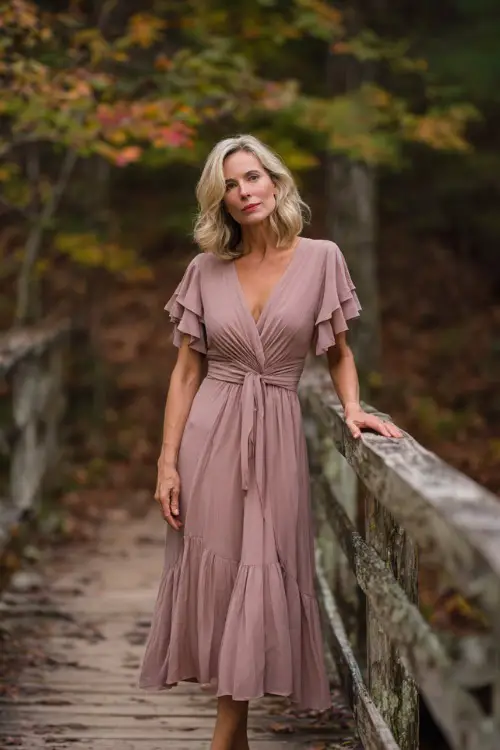 Elegant woman over 50 wearing a dusty rose tea-length chiffon dress with flutter sleeves and V-neckline, posing on a rustic wooden bridge surrounded by light fall foliage 