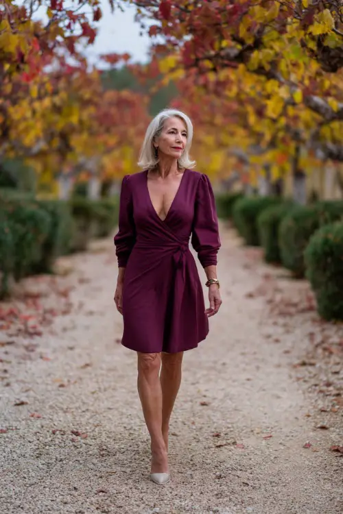 Elegant woman over 50 wearing a plum-colored fit-and-flare dress with V-neck and bracelet-length sleeves, walking down a gravel path with red and yellow leaves 