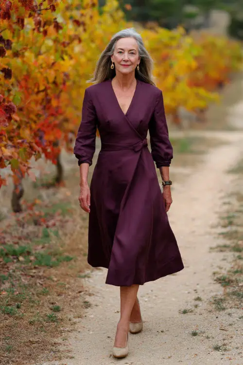 Elegant woman over 50 wearing a plum-colored fit-and-flare dress with V-neck and bracelet-length sleeves, walking down a gravel path with red and yellow leaves 