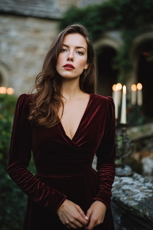 Elegant woman wearing a burgundy velvet maxi dress with long fitted sleeves and a modest v-neckline, standing at a candlelit fall wedding in a historic estate garden