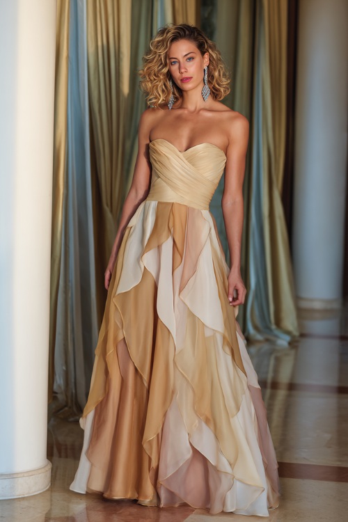 Elegant woman wearing a champagne and gold ombré gown with a flowing skirt and structured bodice, paired with soft curls and gold earrings
