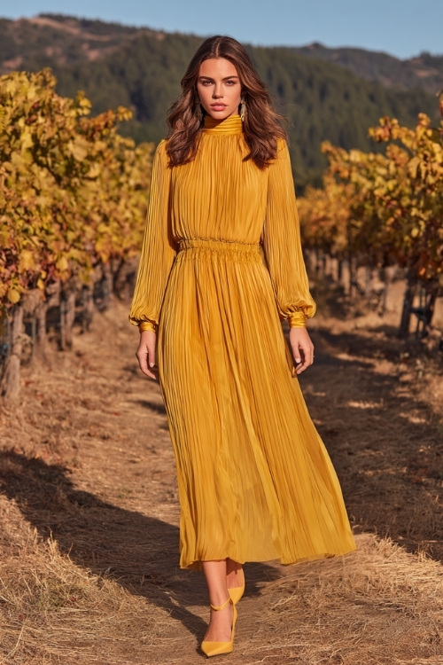 Elegant woman wearing a mustard yellow pleated maxi dress with long poet sleeves and a high neckline, paired with neutral-toned heels 