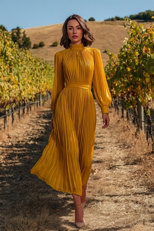 Elegant woman wearing a mustard yellow pleated maxi dress with long poet sleeves and a high neckline, paired with neutral-toned heels