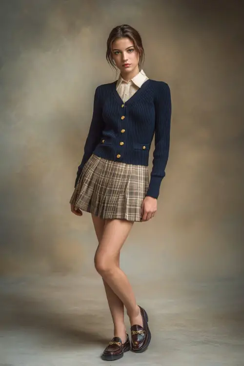 Elegant woman wearing a navy collared cardigan with gold buttons, paired with a plaid pleated skirt and loafers, full-body against a soft background