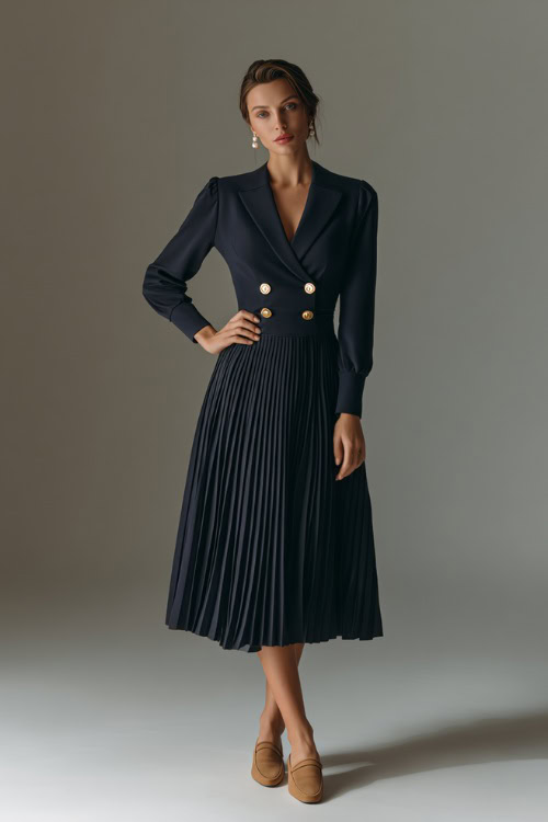 Elegant woman wearing a navy long-sleeve midi dress with a pleated skirt and gold buttons, paired with tan loafers and pearl earrings, full-body in a soft studio background 