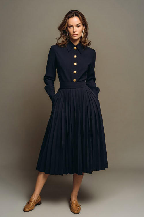 Elegant woman wearing a navy long-sleeve midi dress with a pleated skirt and gold buttons, paired with tan loafers and pearl earrings, full-body in a soft studio background