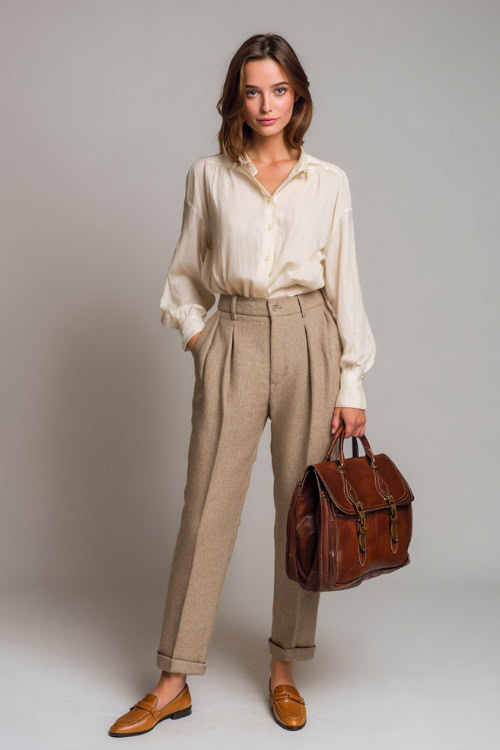 Elegant woman wearing high-waisted beige wool trousers with a tucked-in ivory blouse, tan loafers, and a leather handbag, standing in a soft neutral studio 