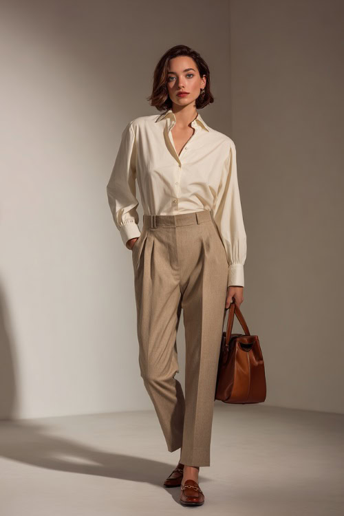 Elegant woman wearing high-waisted beige wool trousers with a tucked-in ivory blouse, tan loafers, and a leather handbag, standing in a soft neutral studio