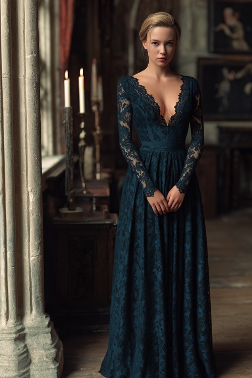 Formal woman in a dark teal long-sleeve lace gown with floor-length hem and scalloped neckline, standing inside a gothic-style venue with warm candlelit ambiance 