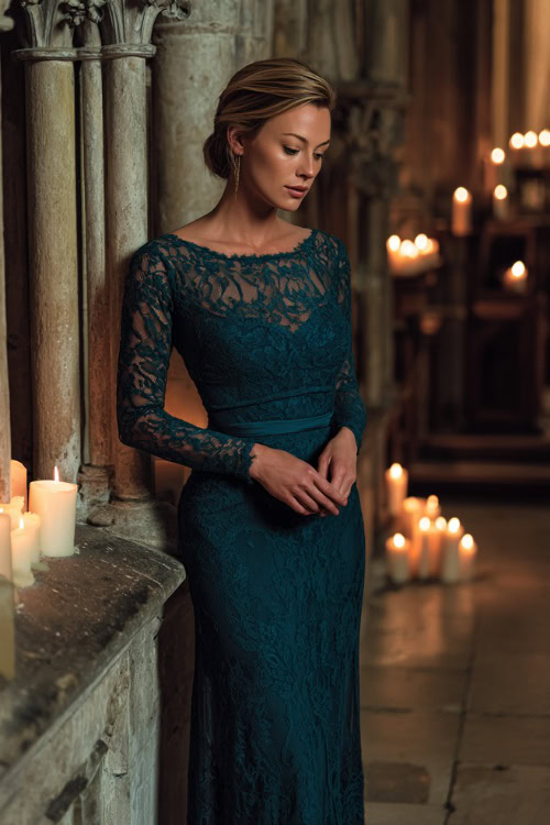 Formal woman in a dark teal long-sleeve lace gown with floor-length hem and scalloped neckline, standing inside a gothic-style venue with warm candlelit ambiance 
