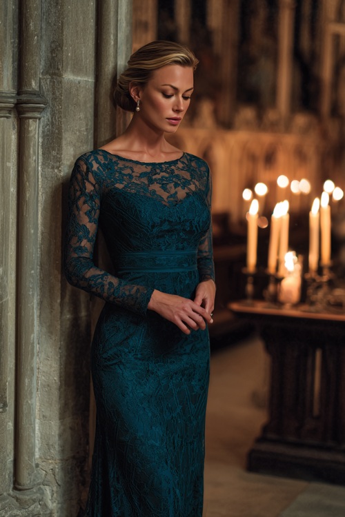 Formal woman in a dark teal long-sleeve lace gown with floor-length hem and scalloped neckline, standing inside a gothic-style venue with warm candlelit ambiance 