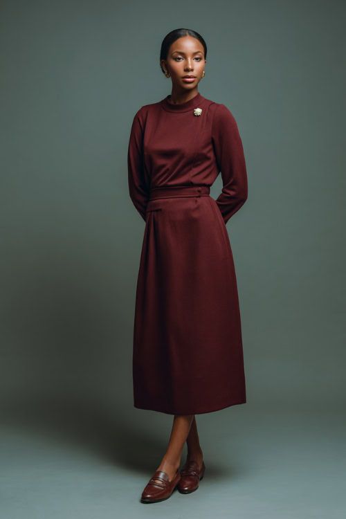 Full-body image of a woman in a burgundy long-sleeve midi dress with subtle shoulder structure, paired with brown loafers and a pearl brooch 