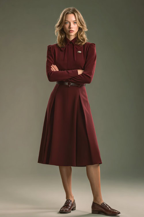 Full-body image of a woman in a burgundy long-sleeve midi dress with subtle shoulder structure, paired with brown loafers and a pearl brooch 