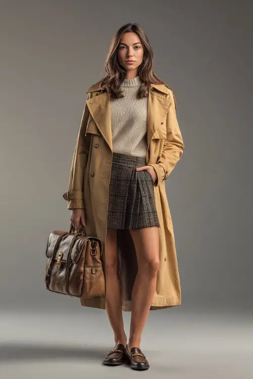 Full-body image of a woman in a camel-colored trench coat layered over a cashmere crewneck sweater and plaid skirt, paired with loafers and a structured bag