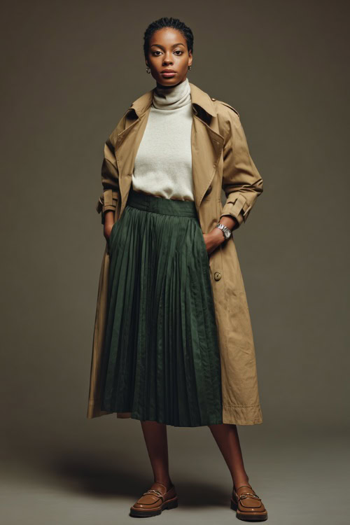 Full-body image of a woman in a dark green pleated skirt with a tucked-in white turtleneck and camel trench coat, classic loafers and vintage watch