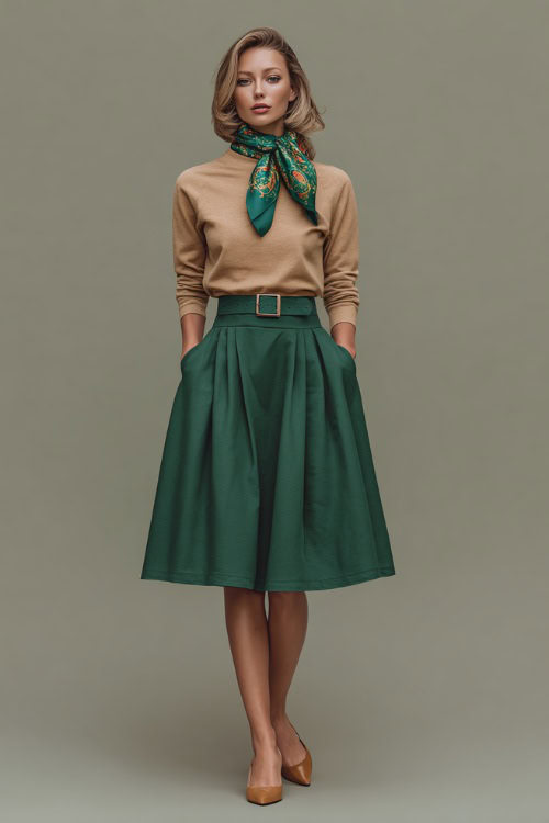 Full-body image of a woman in a forest green wool skirt with a camel pullover and coordinating silk scarf, wearing tan kitten heels, clean backdrop