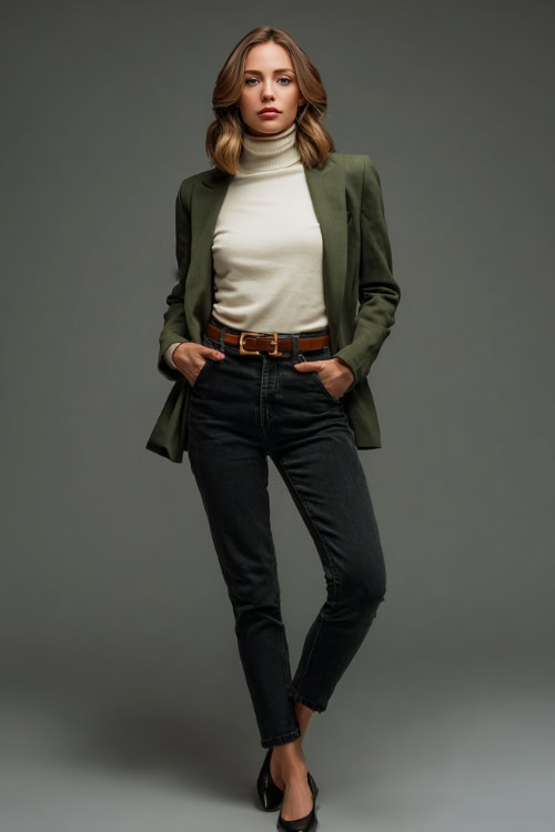 Full-body image of a woman in high-rise dark jeans with a tucked-in cream turtleneck and olive green blazer, accessorized with a leather belt and flats 