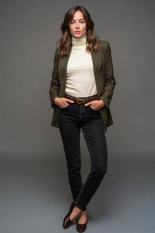 Full-body image of a woman in high-rise dark jeans with a tucked-in cream turtleneck and olive green blazer, accessorized with a leather belt and flats 