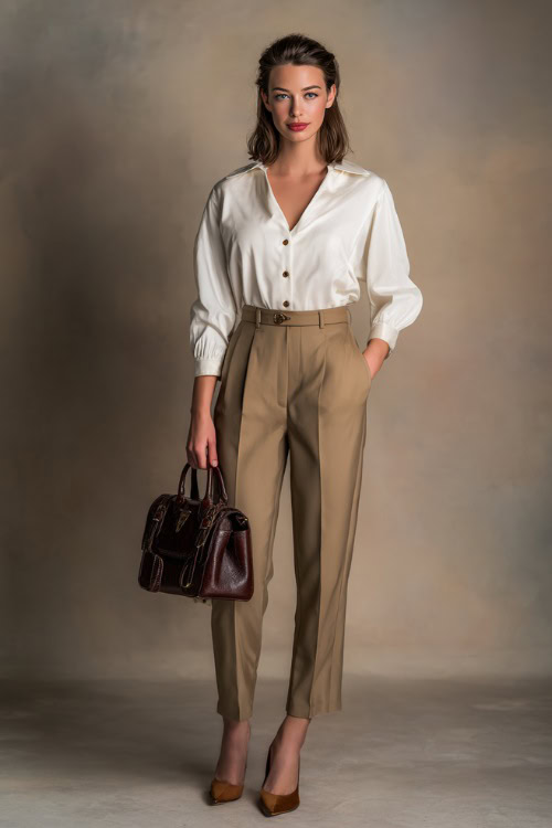 Full-body image of a woman in high-waisted camel trousers and a tucked-in white silk blouse with cuffed sleeves, brown heels, and a classic satchel bag 