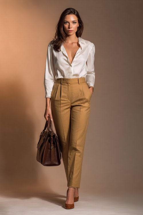 Full-body image of a woman in high-waisted camel trousers and a tucked-in white silk blouse with cuffed sleeves, brown heels, and a classic satchel bag 