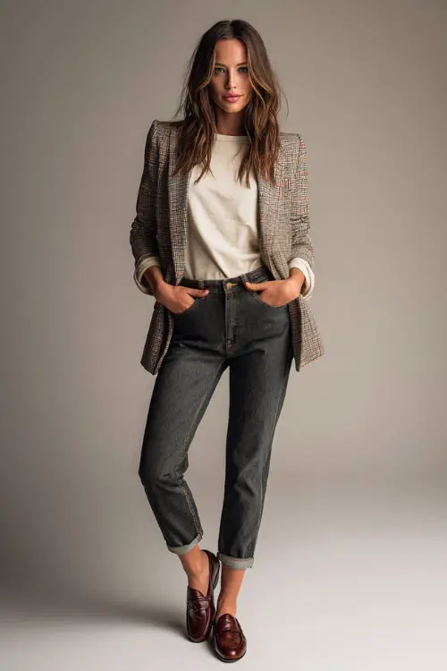 Full-body image of a woman in straight jeans with a longline plaid blazer and cream mock-neck top, paired with brown loafers, soft studio background 