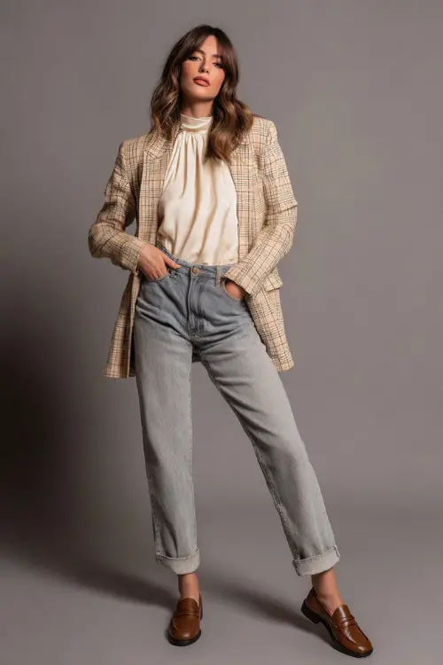 Full-body image of a woman in straight jeans with a longline plaid blazer and cream mock-neck top, paired with brown loafers, soft studio background 