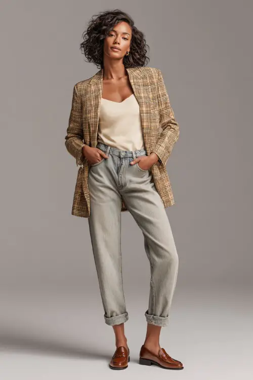Full-body image of a woman in straight jeans with a longline plaid blazer and cream mock-neck top, paired with brown loafers, soft studio background