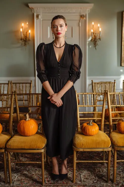 Full body of a mature woman in a classic black midi-length dress with chiffon sleeves and pearl details, standing beside gold chairs and pumpkins in a fall wedding scene