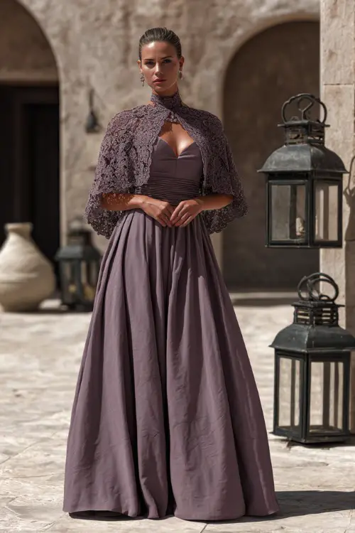 Full body of a mature woman in a dusty lavender gown with lace capelet and A-line silhouette, posing in a formal courtyard with vintage lanterns and stone details