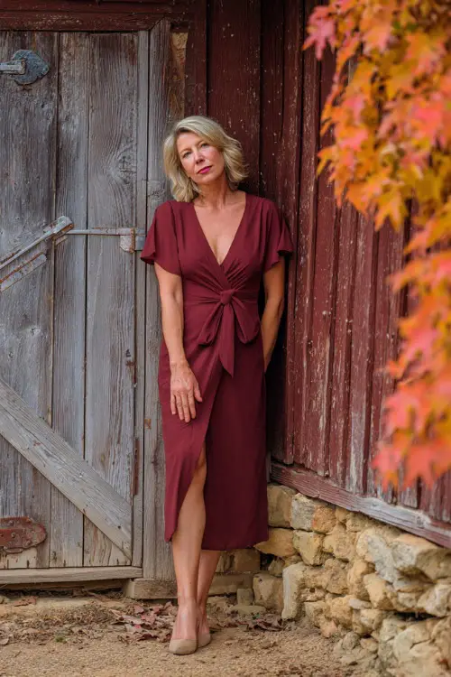 Full body of a mature woman wearing a burgundy midi dress with flutter sleeves and a soft v-neckline, standing near a rustic barn with orange fall leaves 