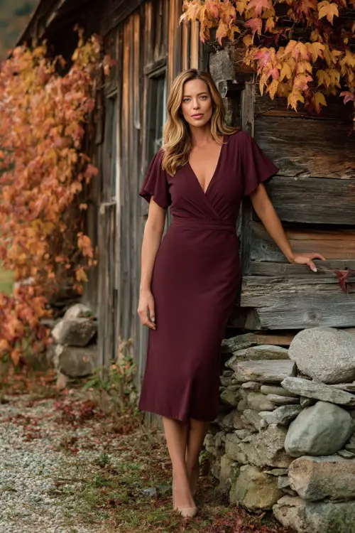 Full body of a mature woman wearing a burgundy midi dress with flutter sleeves and a soft v-neckline, standing near a rustic barn with orange fall leaves 