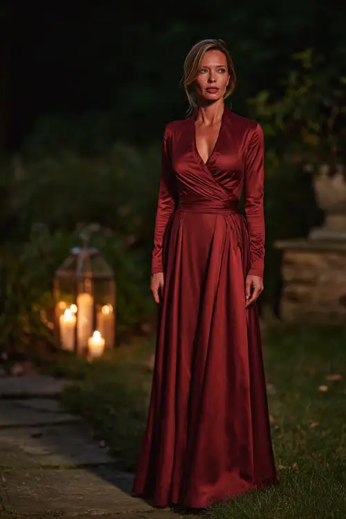 Full body of a mature woman wearing a long burgundy satin gown with long sleeves and a wrap-style bodice, standing near a candlelit garden path at a formal fall wedding 