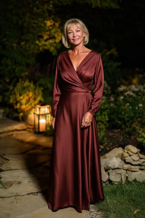 Full body of a mature woman wearing a long burgundy satin gown with long sleeves and a wrap-style bodice, standing near a candlelit garden path at a formal fall wedding